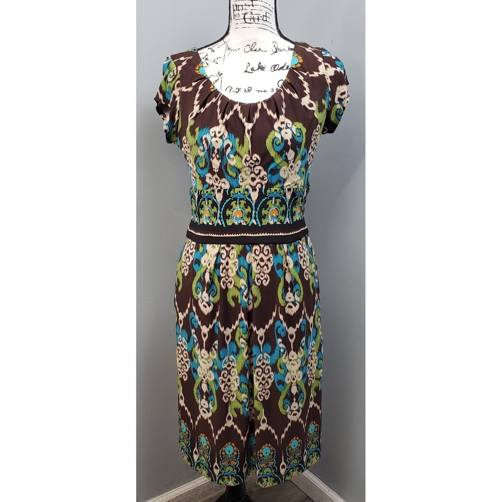 Rabbit Sheath Dress Womens Petite 10 Multi Geo‎ Print Smocked Waist Pleated Neck